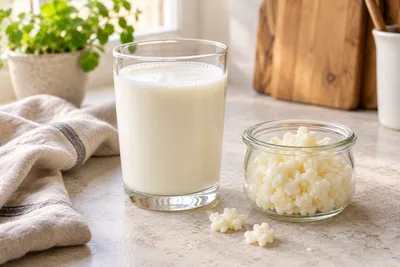 Verre de kéfir de lait maison à côté d'un bocal contenant les grains blancs et grumeleux