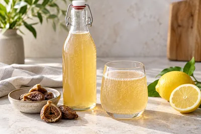 Bouteille de kéfir de fruits pétillant avec des quartiers de figue fraîche et une tranche de citron