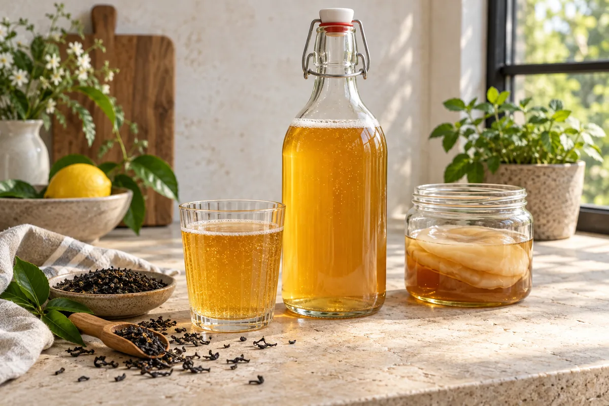 Deux bouteilles de kombucha nature bouché mécanique posées sur une table, légèrement embuées de fraîcheur