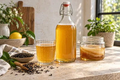 Deux bouteilles de kombucha nature bouché mécanique posées sur une table, légèrement embuées de fraîcheur