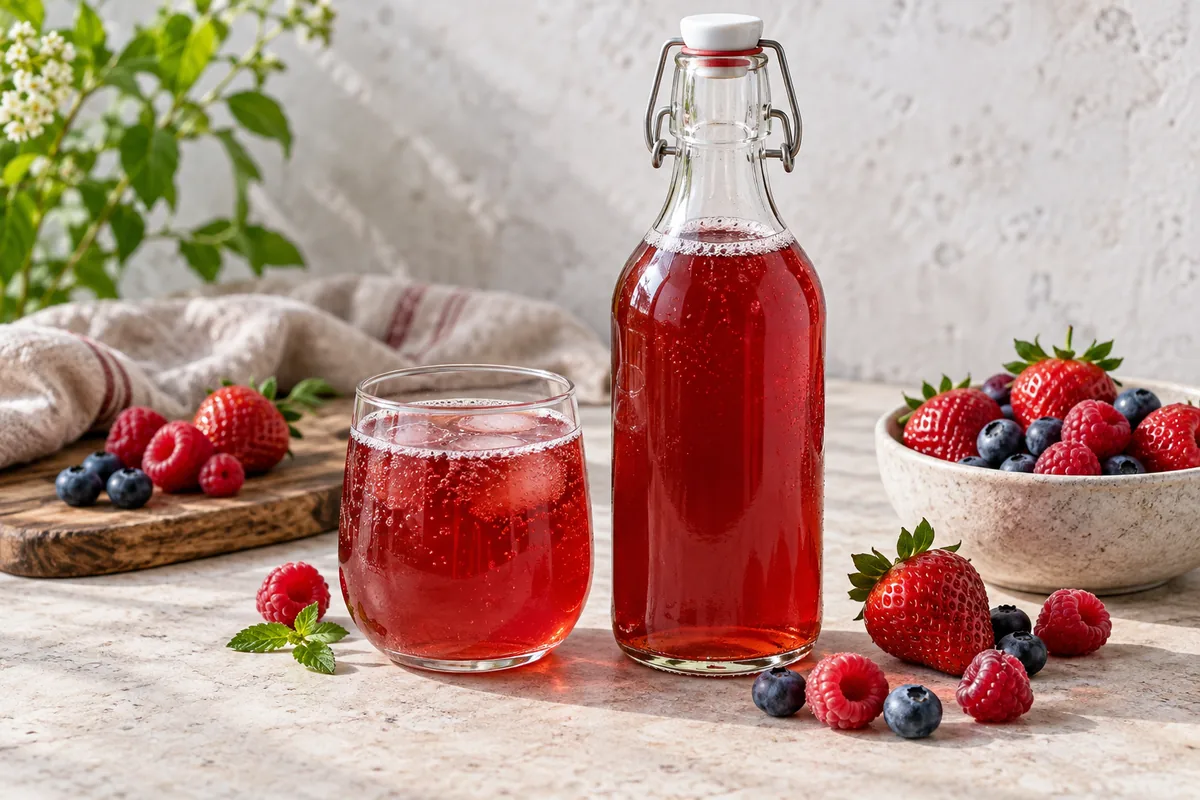 Bouteille de kombucha rose aux fruits rouges avec des fraises et des framboises écrasées visibles