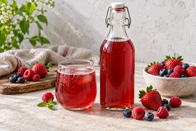 Bouteille de kombucha rose aux fruits rouges avec des fraises et des framboises écrasées visibles