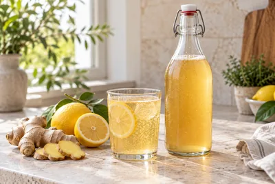Bouteilles de kombucha au gingembre et au citron, rondelles de citron visibles dans le liquide