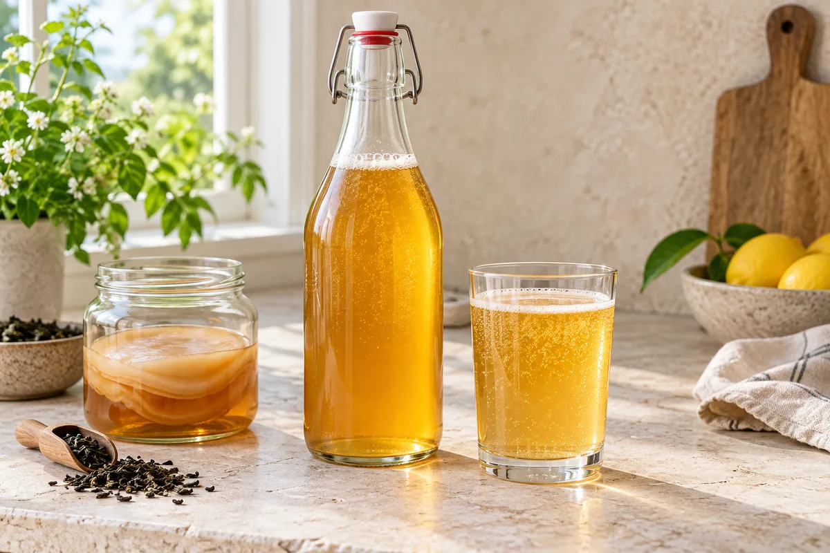 Bocal de kombucha maison avec le SCOBY à la surface, recouvert d'un tissu tendu par un élastique