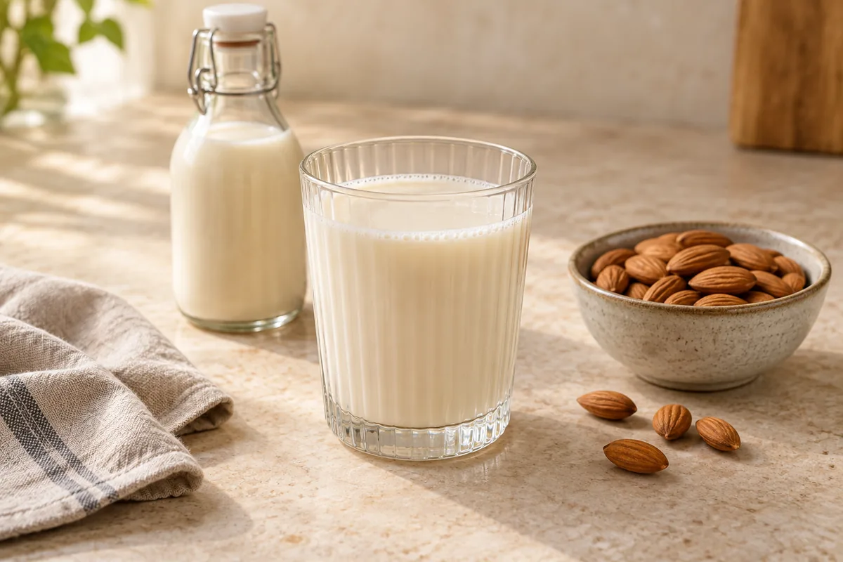 Verre de lait d’amande maison accompagné d’une bouteille et d’un bol d’amandes.
