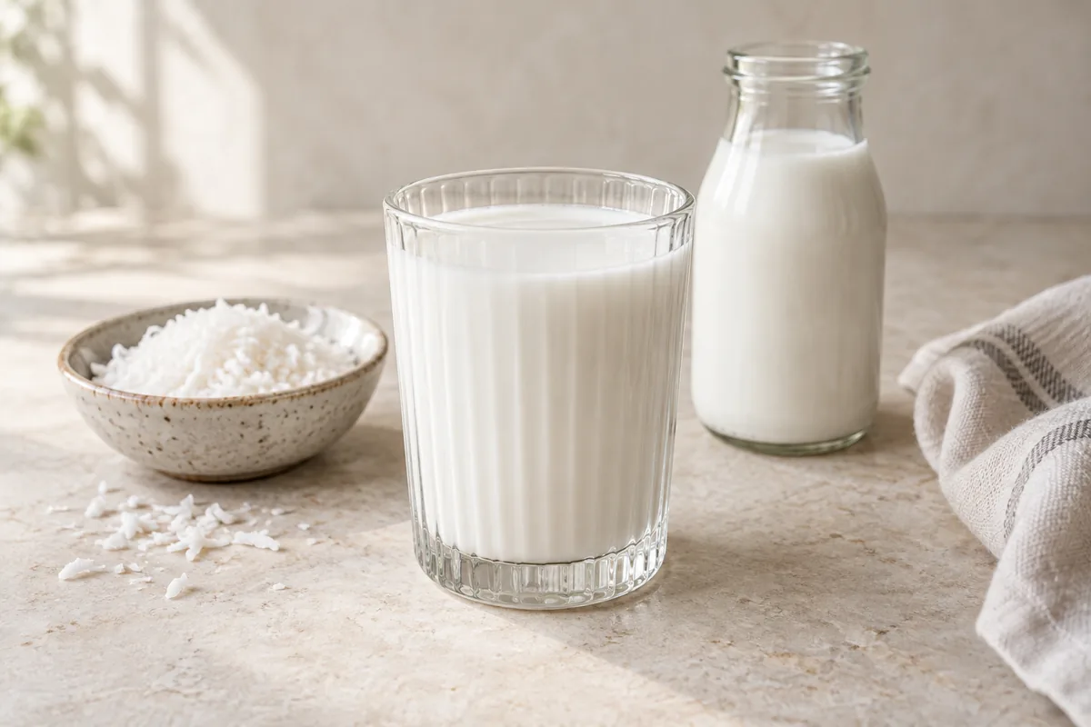 Verre et bouteille de lait de coco maison, accompagnés d’un bol de noix de coco râpée.