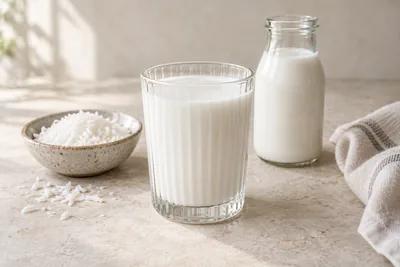 Verre et bouteille de lait de coco maison, accompagnés d’un bol de noix de coco râpée.
