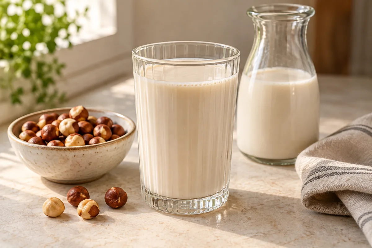 Lait de noisette maison dans un verre et une carafe, avec un bol de noisettes torréfiées.