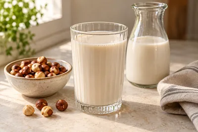 Lait de noisette maison dans un verre et une carafe, avec un bol de noisettes torréfiées.