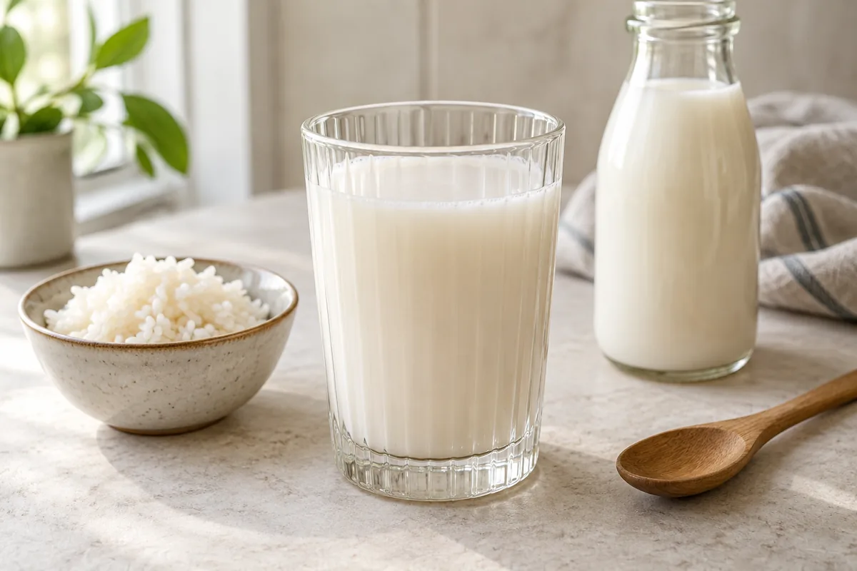 Verre de lait de riz maison accompagné d’une bouteille, d’un bol de riz cuit et d’une cuillère en bois.