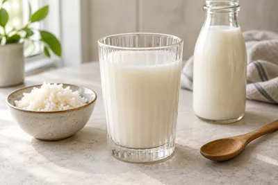 Verre de lait de riz maison accompagné d’une bouteille, d’un bol de riz cuit et d’une cuillère en bois.
