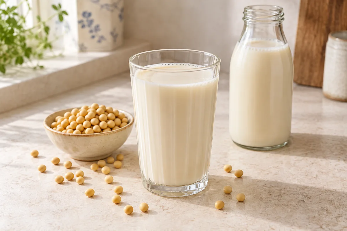 Lait de soja maison dans un verre et une bouteille, avec un bol de graines de soja jaune.