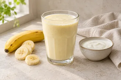 Verre de lassi banane couleur crème avec des rondelles de banane sur le dessus