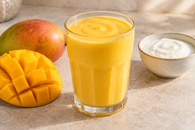 Verre de lassi mangue orange clair, mousseux sur le dessus, avec de la chair de mangue en morceaux