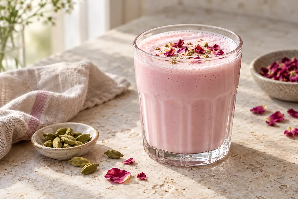 Verre de lassi rose pâle décoré de pistaches concassées et d'un pétale de rose séché