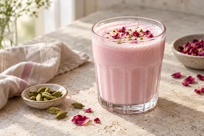 Verre de lassi rose pâle décoré de pistaches concassées et d'un pétale de rose séché