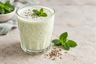 Verre de lassi salé blanc mousseux, feuilles de menthe fraîche et cumin moulu saupoudré dessus