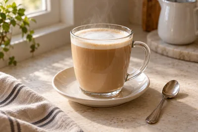Café latte maison dans une tasse transparente, avec une fine couche de mousse de lait.