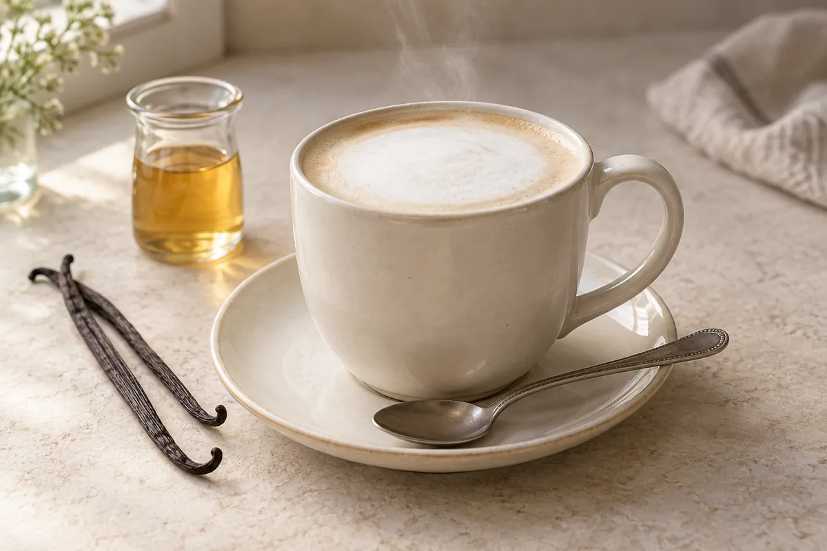 Latte vanille dans une tasse en céramique, avec mousse de lait, gousses et sirop de vanille à côté.