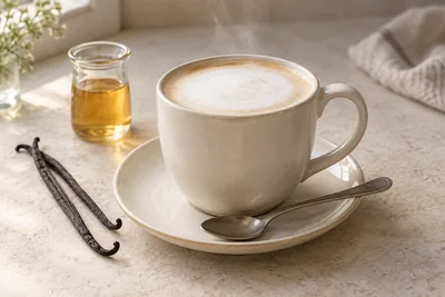 Latte vanille dans une tasse en céramique, avec mousse de lait, gousses et sirop de vanille à côté.