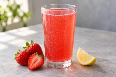 Limonade à la fraise rose pétillante dans un verre haut, avec des fraises fraîches à côté.