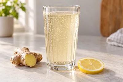 Limonade au gingembre dans un verre transparent, avec une racine de gingembre et du citron.