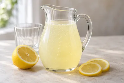 Limonade maison au citron pétillante dans un pichet en verre, avec des rondelles de citron.