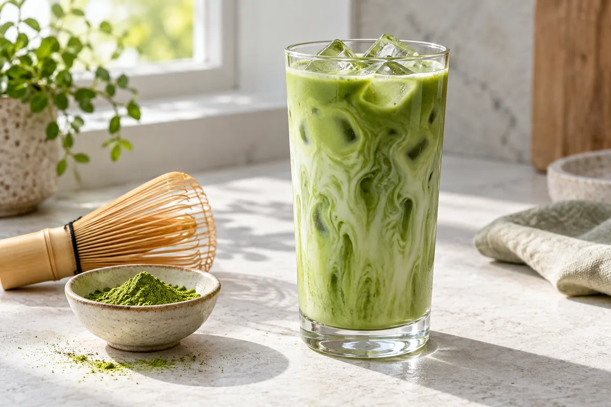 Matcha latte glacé vert dans un verre haut et transparent avec glaçons, mousse verte vif en surface, paille large