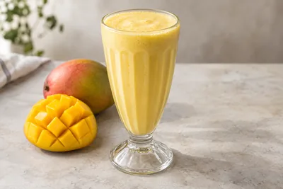 Milk-shake à la mangue jaune doré dans un verre rétro, accompagné de dés de mangue fraîche.
