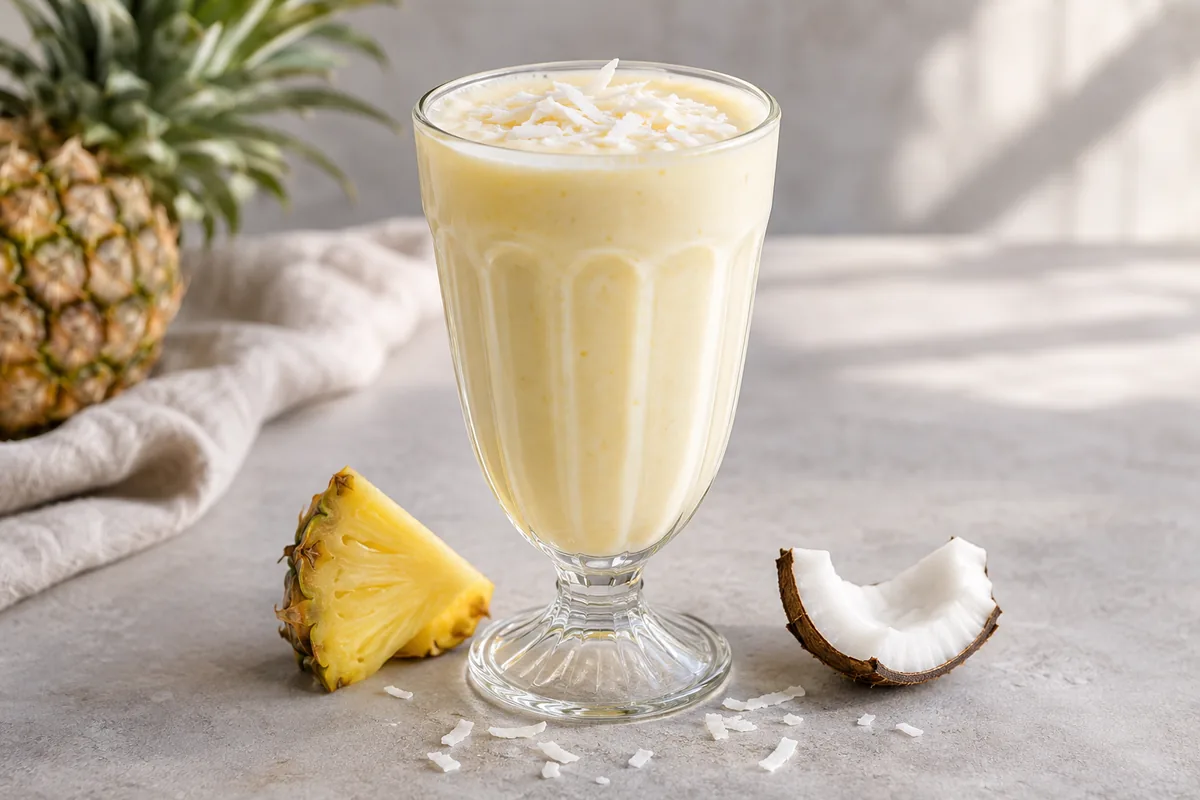 Milk-shake ananas noix de coco dans un verre rétro, parsemé de copeaux de coco.
