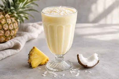 Milk-shake ananas noix de coco dans un verre rétro, parsemé de copeaux de coco.