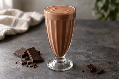 Milk-shake au chocolat noir dans un verre cannelé, avec des morceaux de chocolat à côté.