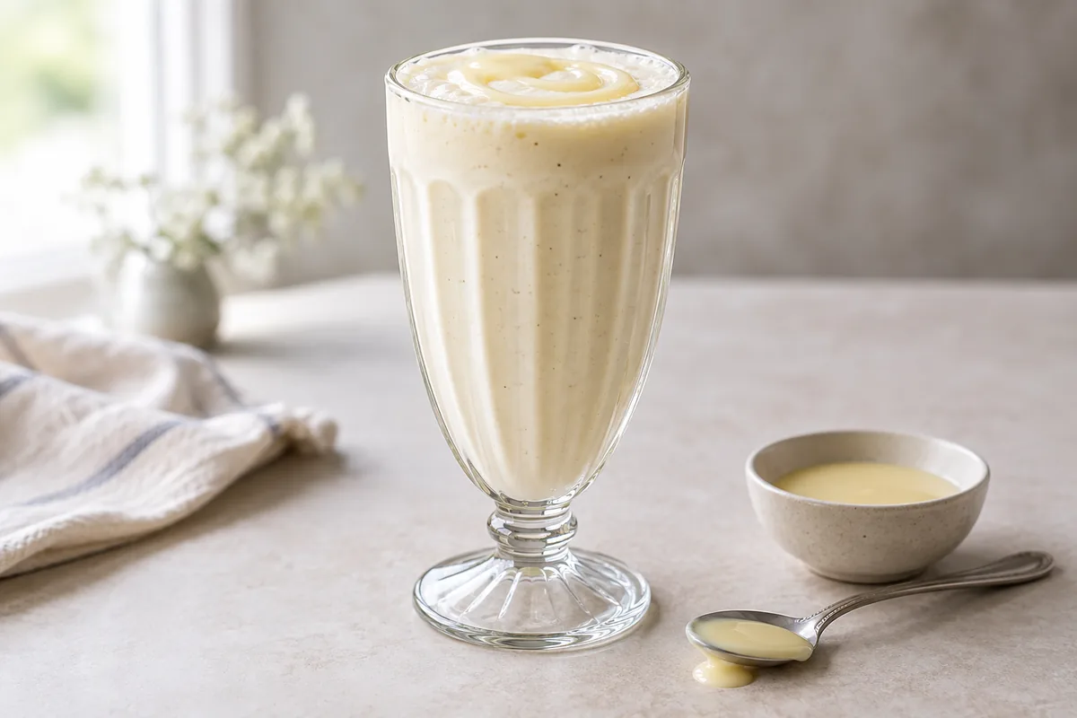 Milk-shake au lait concentré dans un verre rétro, avec un filet de lait concentré sur le dessus.