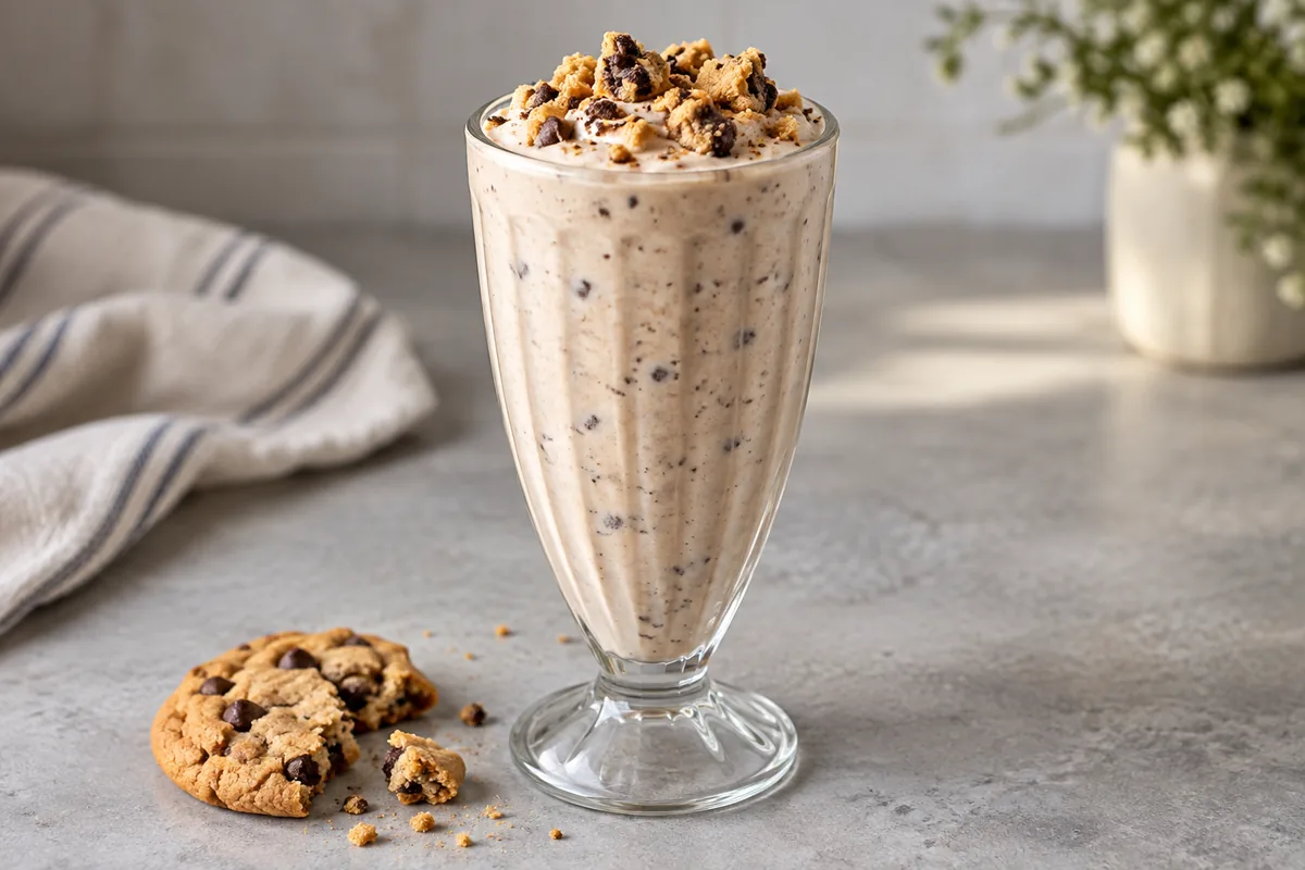 Milk-shake aux cookies dans un verre rétro, garni de morceaux de cookie aux pépites de chocolat.