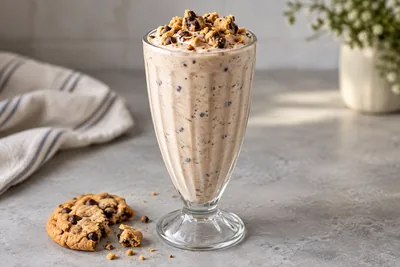 Milk-shake aux cookies dans un verre rétro, garni de morceaux de cookie aux pépites de chocolat.