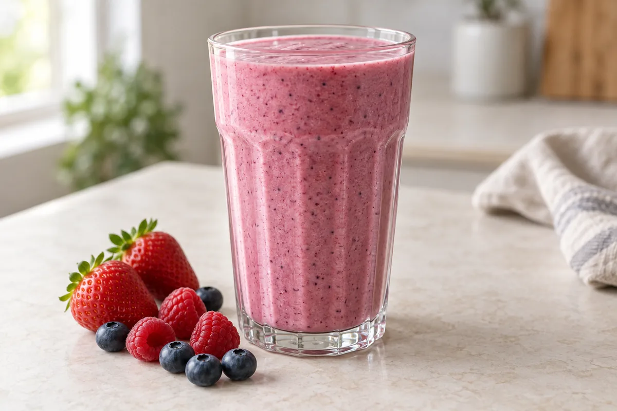 Milk-shake aux fruits rouges rose violacé dans un verre cannelé, avec des fraises, framboises et myrtilles.