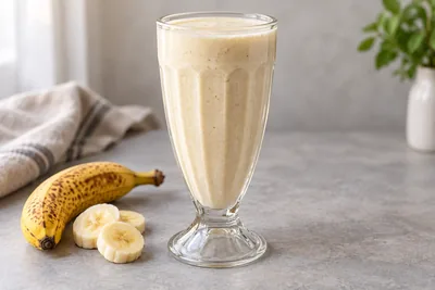 Milk-shake à la banane dans un verre rétro, avec des rondelles de banane sur la table.