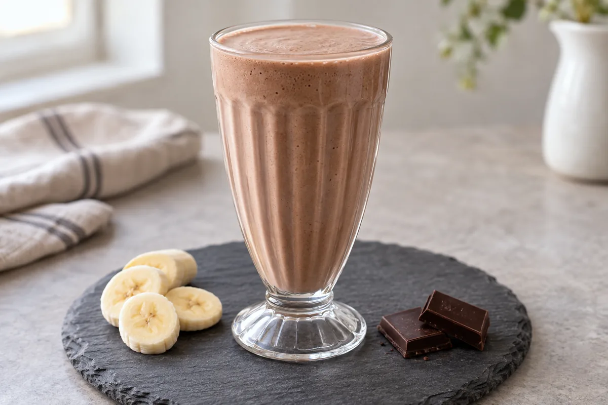 Milk-shake banane chocolat dans un verre rétro, avec des rondelles de banane et du chocolat noir.