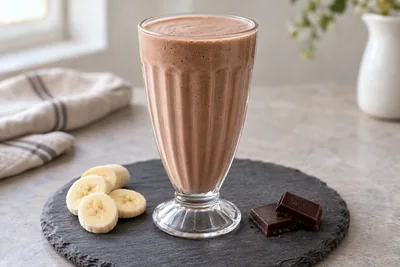 Milk-shake banane chocolat dans un verre rétro, avec des rondelles de banane et du chocolat noir.