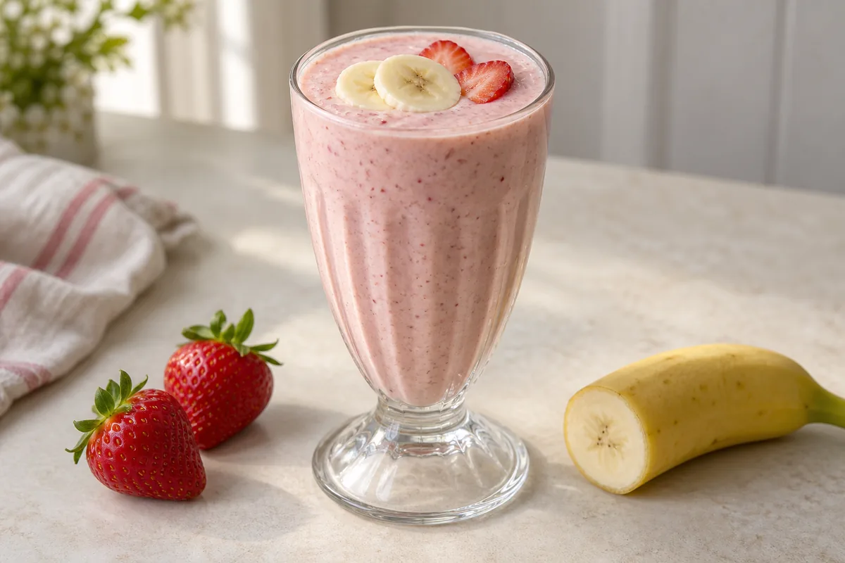 Milk-shake banane fraise rose pâle dans un verre cannelé, garni de rondelles de fraise et de banane.