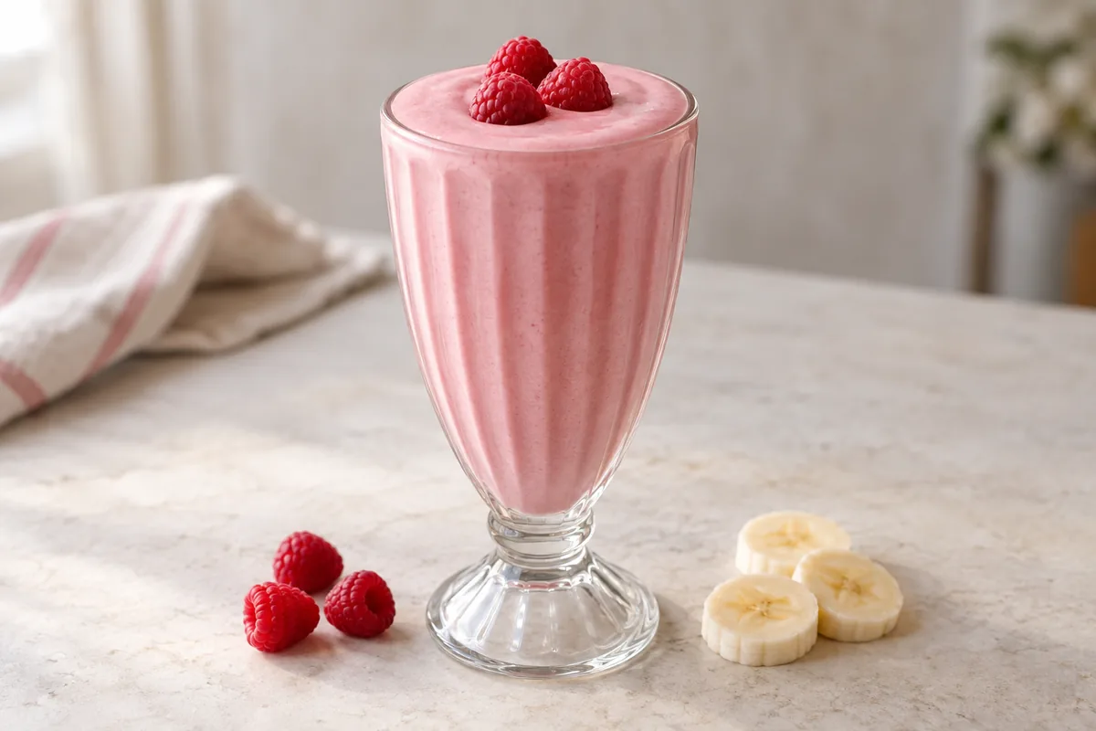 Milk-shake banane framboise dans un verre cannelé, garni de framboises fraîches.
