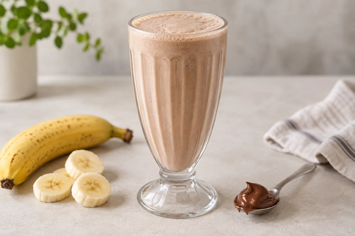 Milk-shake banane Nutella beige chocolaté dans un verre rétro, accompagné de banane et de pâte à tartiner.