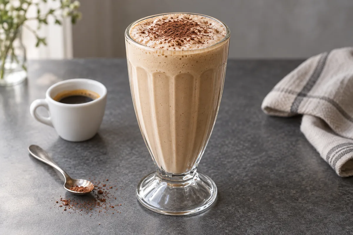 Milk-shake au café beige dans un verre rétro, saupoudré légèrement de cacao.