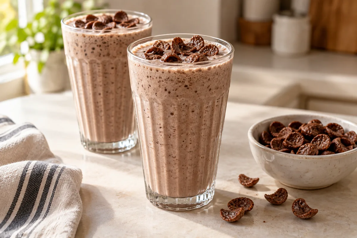 Deux verres de milk-shake Chocapic, garnis de céréales au chocolat, avec un bol de céréales sur une table claire.