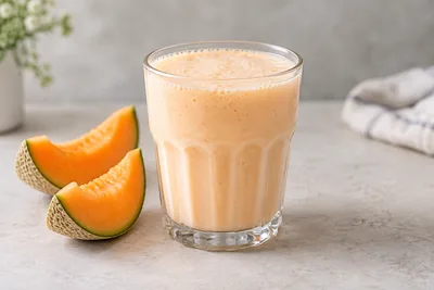 Milk-shake au melon orange pâle dans un verre transparent, accompagné de quartiers de melon.