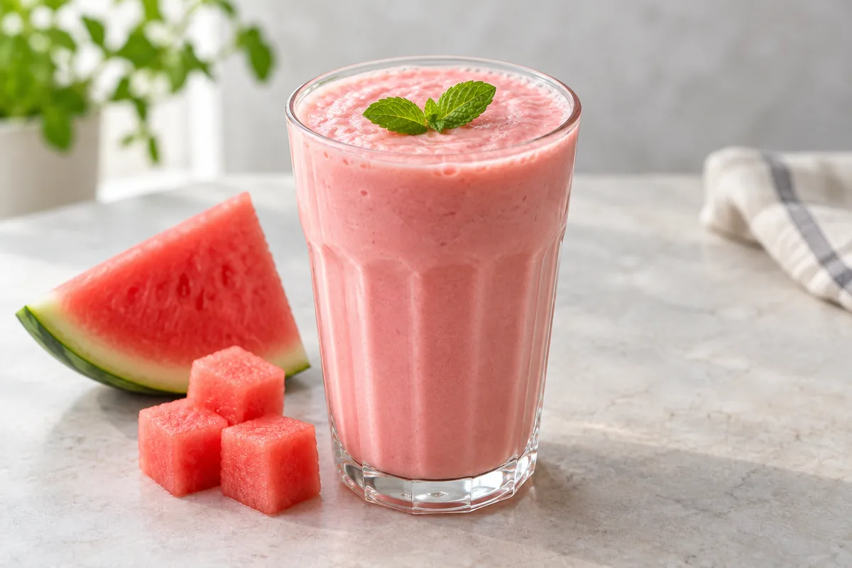 Milk-shake à la pastèque rose dans un verre cannelé, avec deux feuilles de menthe et un morceau de pastèque.
