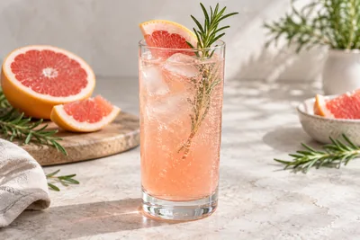 Verre de mocktail pamplemousse rosé avec une branche de romarin et des glaçons