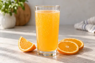 Orangeade maison pétillante dans un verre haut, accompagnée de quartiers d’orange.