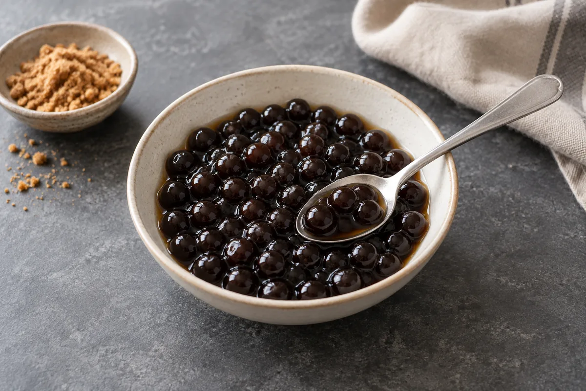 Perles de tapioca cuites et brillantes dans leur sirop de cassonade, servies dans un bol avec une cuillère.
