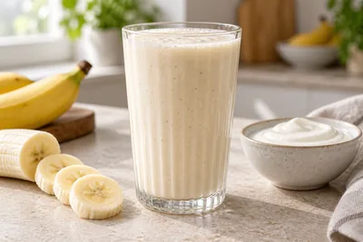Milk-shake banane yaourt dans un verre haut, rondelles de banane et filet de miel sur le dessus